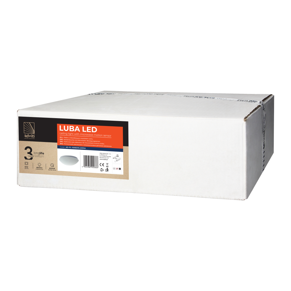 LUBA LED luminaire with microwave motion sensor, 18W, 4000K, 1800lm, white-steel, matt glass diffuser, IP44
