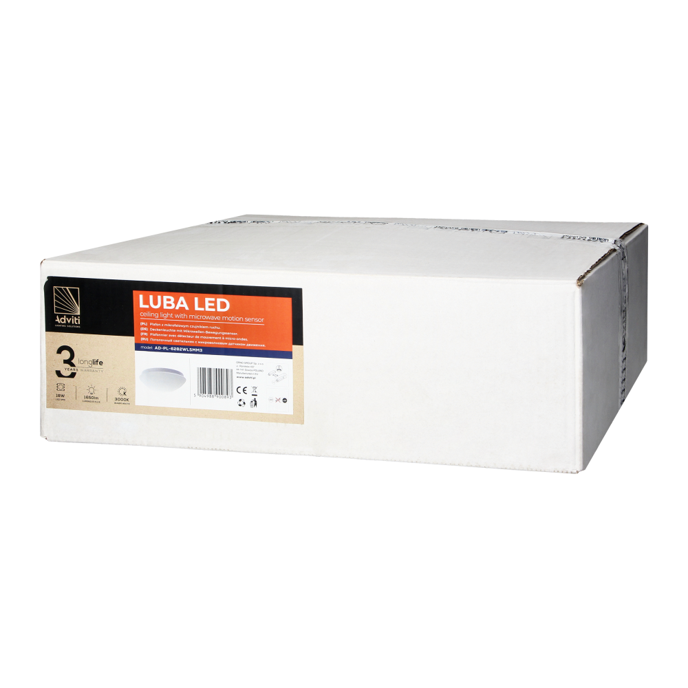 LUBA LED luminaire with microwave motion sensor, 18W, 3000K, 1650lm, white-steel, matt glass diffuser, IP44
