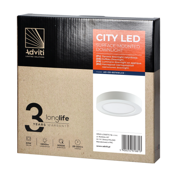 CITY LED 24W downlight, surface-mounted, round, 1900lm, 3000K, white, built-in LED driver CITY LED 24W downlight, surface-mounted, round, 1900lm, 3000K, white, built-in LED driver