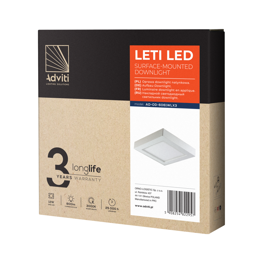 LETI LED 12W, downlight, surface-mounted, square, 800lm, 3000K, white, integrated LED power supply