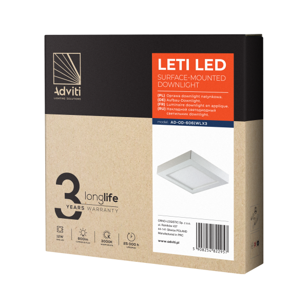 LETI LED 12W, downlight, surface-mounted, square, 800lm, 3000K, white, integrated LED power supply LETI LED 12W, downlight, surface-mounted, square, 800lm, 3000K, white, integrated LED power supply
