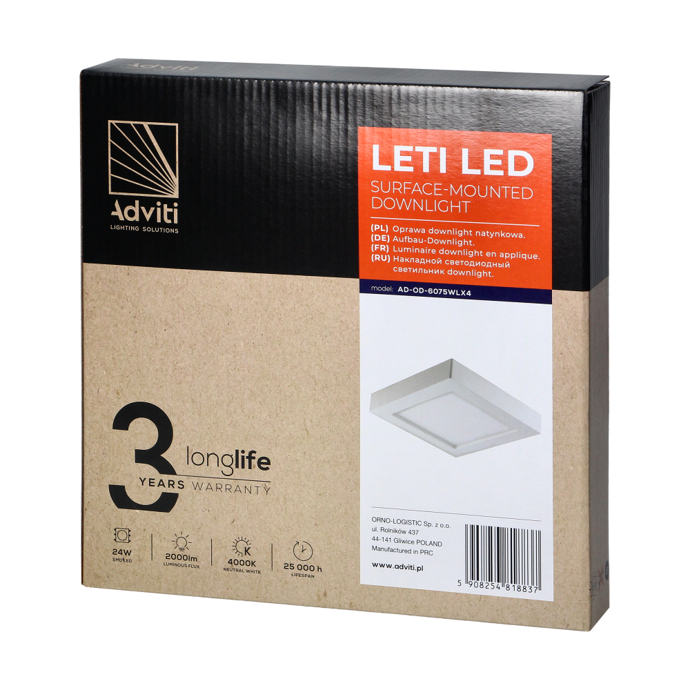 LETI LED 24W downlight, surface-mounted, square, 2000lm, 4000K, white, built-in LED driver
