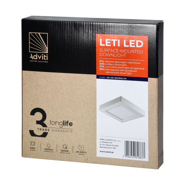LETI LED 24W downlight, surface-mounted, square, 2000lm, 4000K, white, built-in LED driver LETI LED 24W downlight, surface-mounted, square, 2000lm, 4000K, white, built-in LED driver