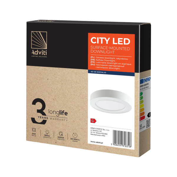CITY LED 12W downlight, surface mounted, round, 800lm, 3000K, white, inbuilt LED power supply CITY LED 12W downlight, surface mounted, round, 800lm, 3000K, white, inbuilt LED power supply
