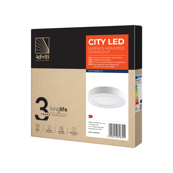 CITY LED 18W downlight, surface mounted, round, 1500lm, 3000K, white, inbuilt LED power supply CITY LED 18W downlight, surface mounted, round, 1500lm, 3000K, white, inbuilt LED power supply
