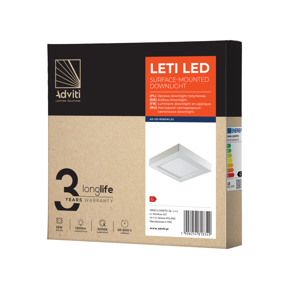 LETI LED 18W downlight, surface mounted, square, 1500lm, 3000K, white, inbuilt LED power supply