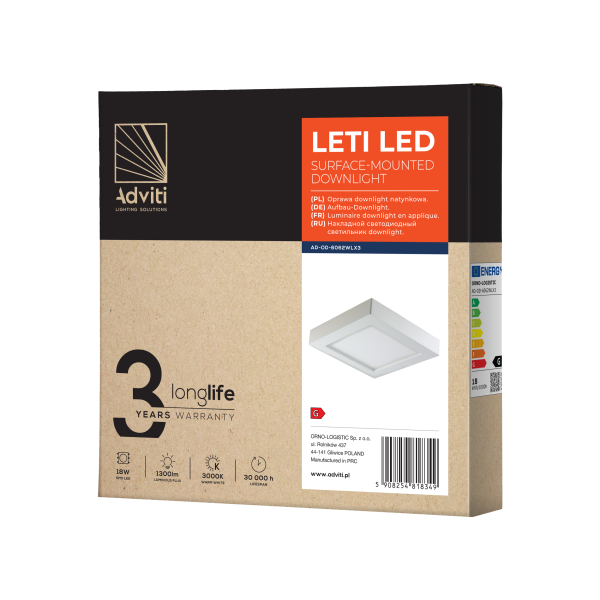 LETI LED 18W downlight, surface mounted, square, 1500lm, 3000K, white, inbuilt LED power supply LETI LED 18W downlight, surface mounted, square, 1500lm, 3000K, white, inbuilt LED power supply