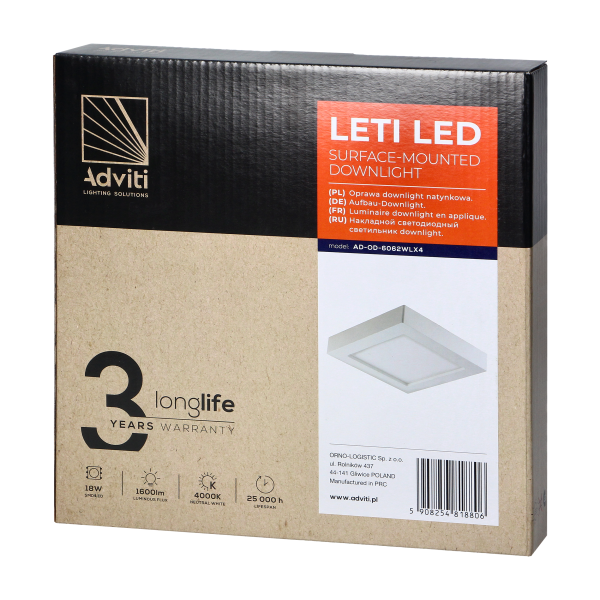 LETI LED 18W downlight, surface-mounted, square, 1600lm, 4000K, white, built-in LED driver LETI LED 18W downlight, surface-mounted, square, 1600lm, 4000K, white, built-in LED driver