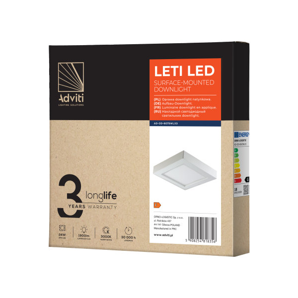 LETI LED 24W downlight, surface mounted, square, 1900lm, 3000K, white, inbuilt LED power supply LETI LED 24W downlight, surface mounted, square, 1900lm, 3000K, white, inbuilt LED power supply