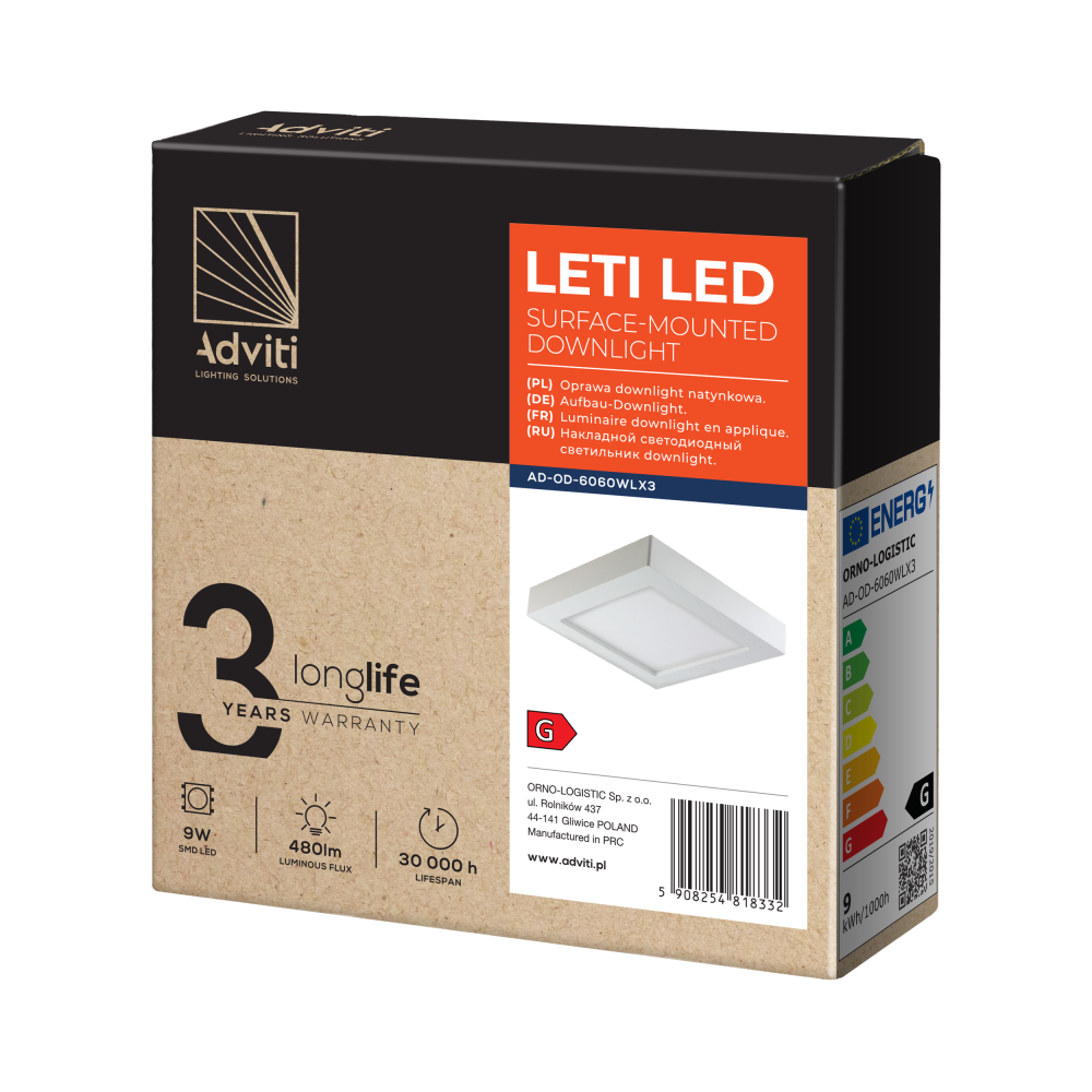LETI LED 9W downlight, surface mounted, square, 530lm, 3000K, white, inbuilt LED power supply