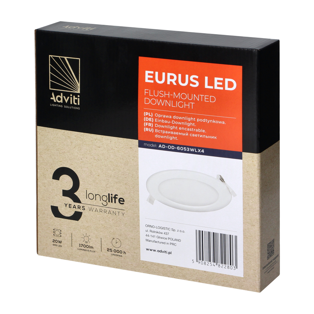Flush mounted LED downlight EURUS, 20W, 4000K
