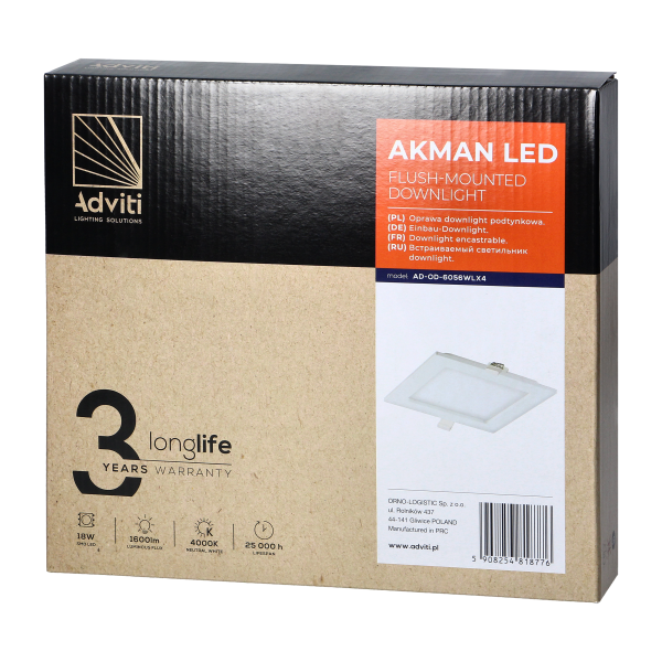 AKMAN LED 18W downlight, flush-mounted, square, 1600lm, 4000K, white, built-in LED driver AKMAN LED 18W downlight, flush-mounted, square, 1600lm, 4000K, white, built-in LED driver