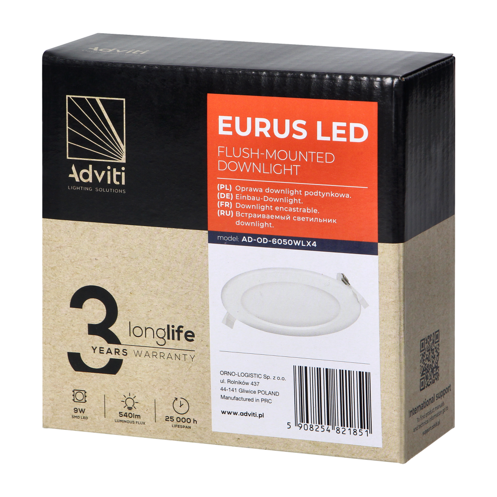 Flush mounted LED downlight EURUS, 9W, 4000K