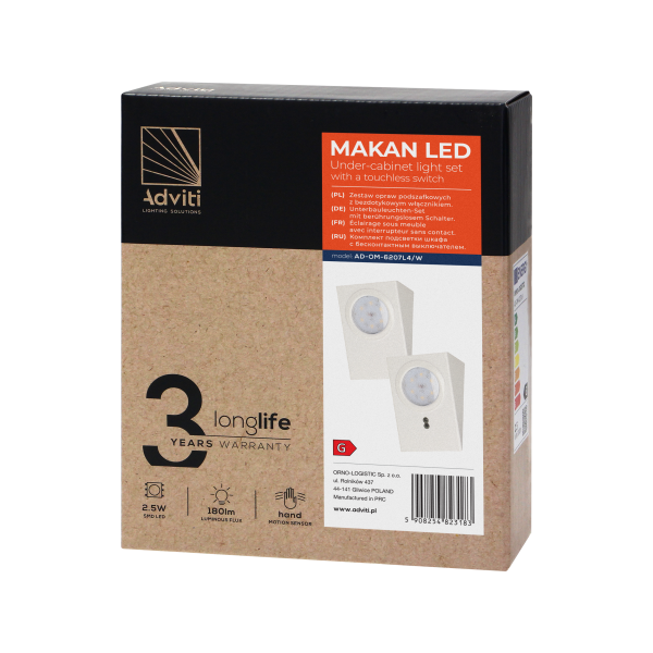 Under-cabinet LED light with a touchless switch, 2W, 180lm, 4000K, white Under-cabinet LED light with a touchless switch, 2W, 180lm, 4000K, white