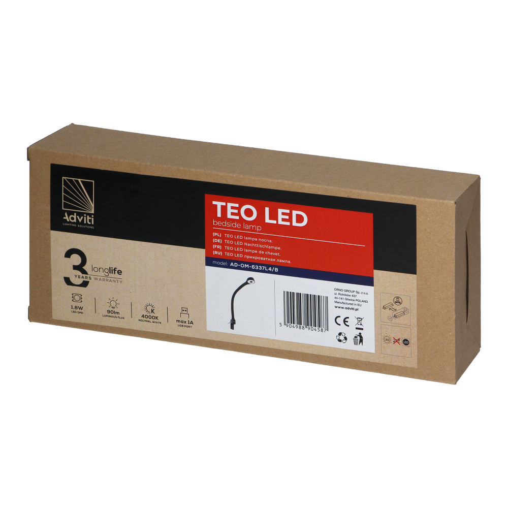 TEO LED bedside lamp, 1,8/7,5W, 90lm, 4000K, with USB, black