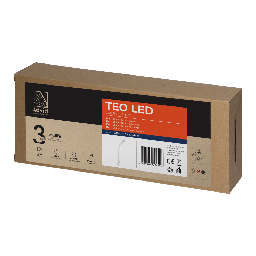 TEO LED bedside lamp, 1,8/7,5W, 90lm, 4000K, with USB, white