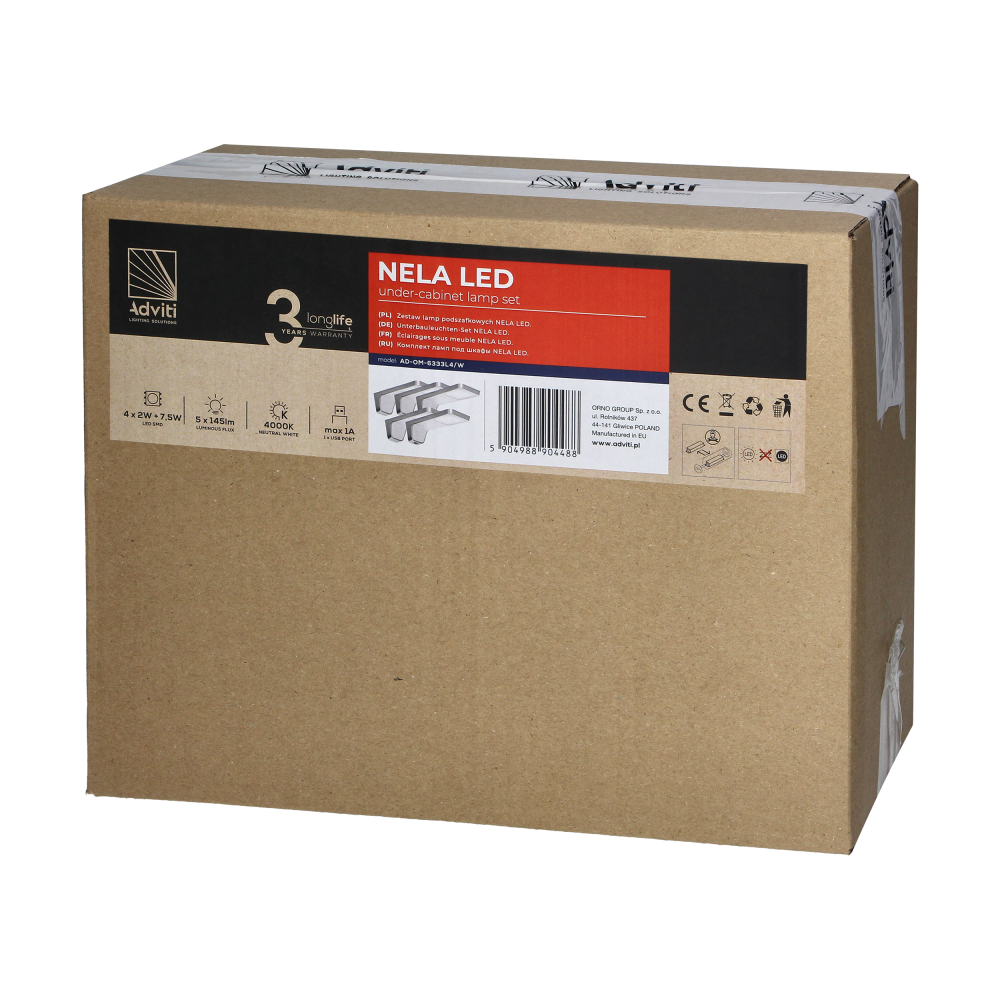 NELA set of 5 under-cabinet LED lamps, 4x2W+7.5W, 4000K, with USB, white