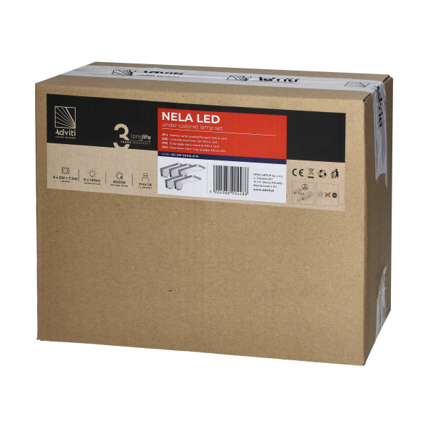 NELA zestaw 5 lamp podszafkowych LED, 4x2W+7,5W, 4000K, z USB, biały NELA zestaw 5 lamp podszafkowych LED, 4x2W+7,5W, 4000K, z USB, biały