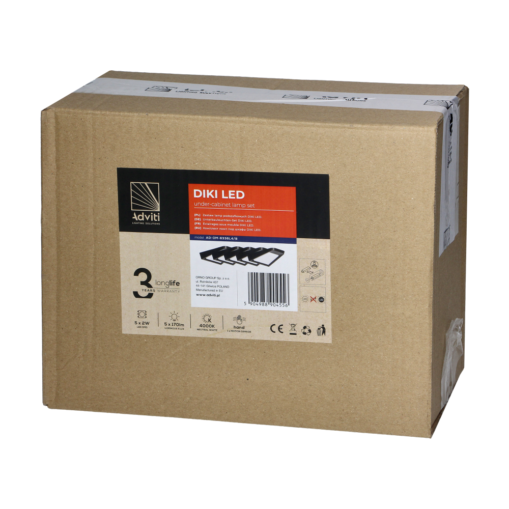 DIKI set of 5 under-cabinet LED lamps, 5x2W, 4000K, with touchless switch, black