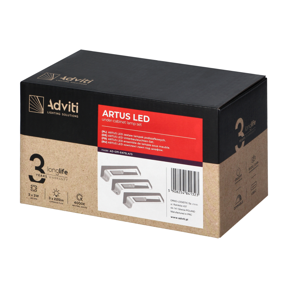 ARTUS zestaw 3 lampek podszafkowych LED, 3x3W, 3x225lm, 4000K, z włącznikiem dotykowym i USB, szare