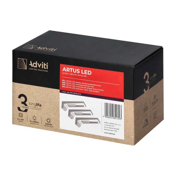 ARTUS zestaw 3 lampek podszafkowych LED, 3x3W, 3x225lm, 4000K, z włącznikiem dotykowym i USB, szare