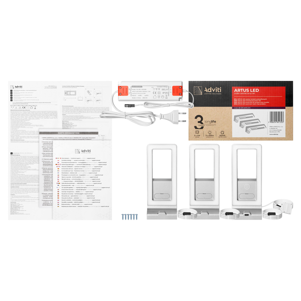 ARTUS zestaw 3 lampek podszafkowych LED, 3x3W, 3x225lm, 4000K, z włącznikiem dotykowym i USB, szare