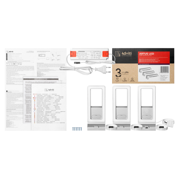 ARTUS LED under-cabinet lamp set, 3x3W, 3x225lm, 4000K, with touch switch and USB, grey