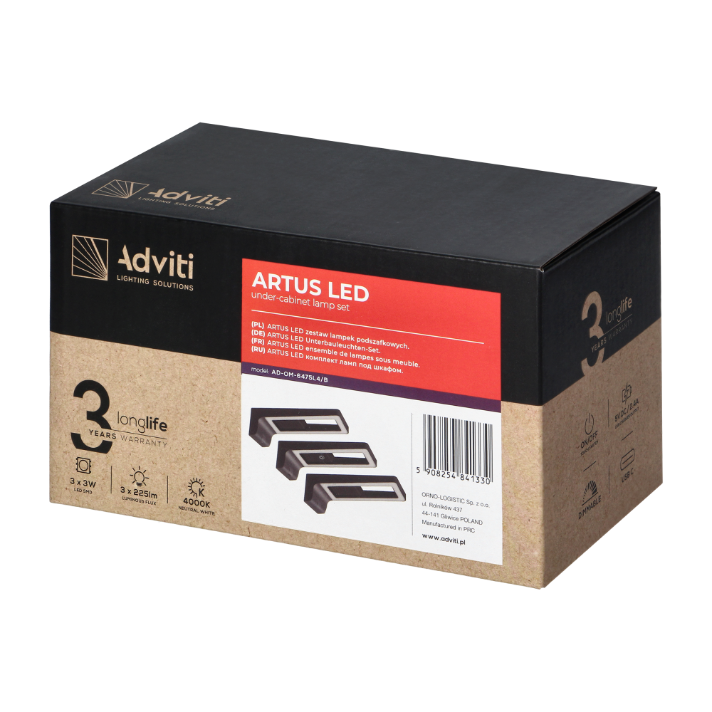 ARTUS LED under-cabinet lamp set, 3x3W, 3x225lm, 4000K, with touch switch and USB, black