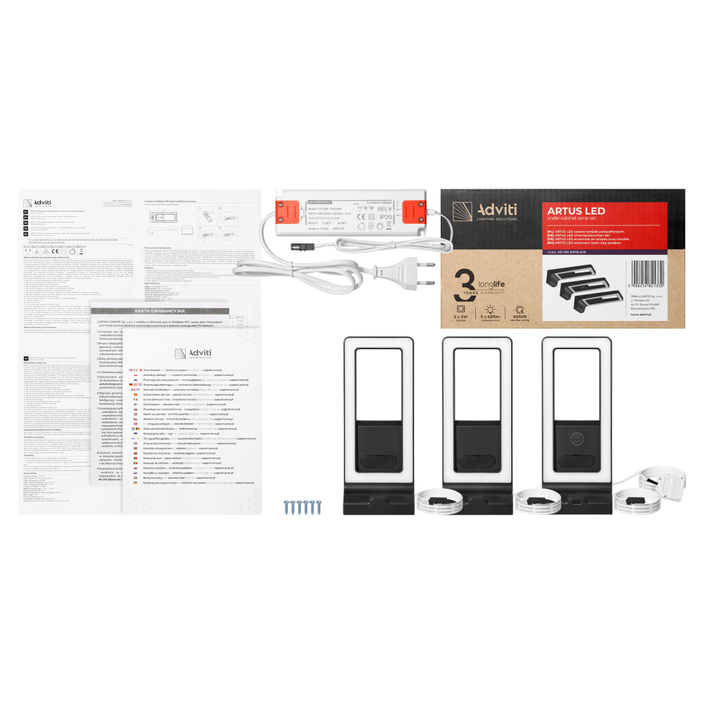 ARTUS LED under-cabinet lamp set, 3x3W, 3x225lm, 4000K, with touch switch and USB, black