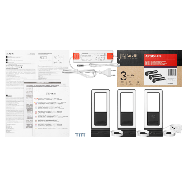 ARTUS zestaw 3 lamp podszafkowych LED, 3x3W, 3x225lm, 4000K, z włącznikiem dotykowym i USB, czarne