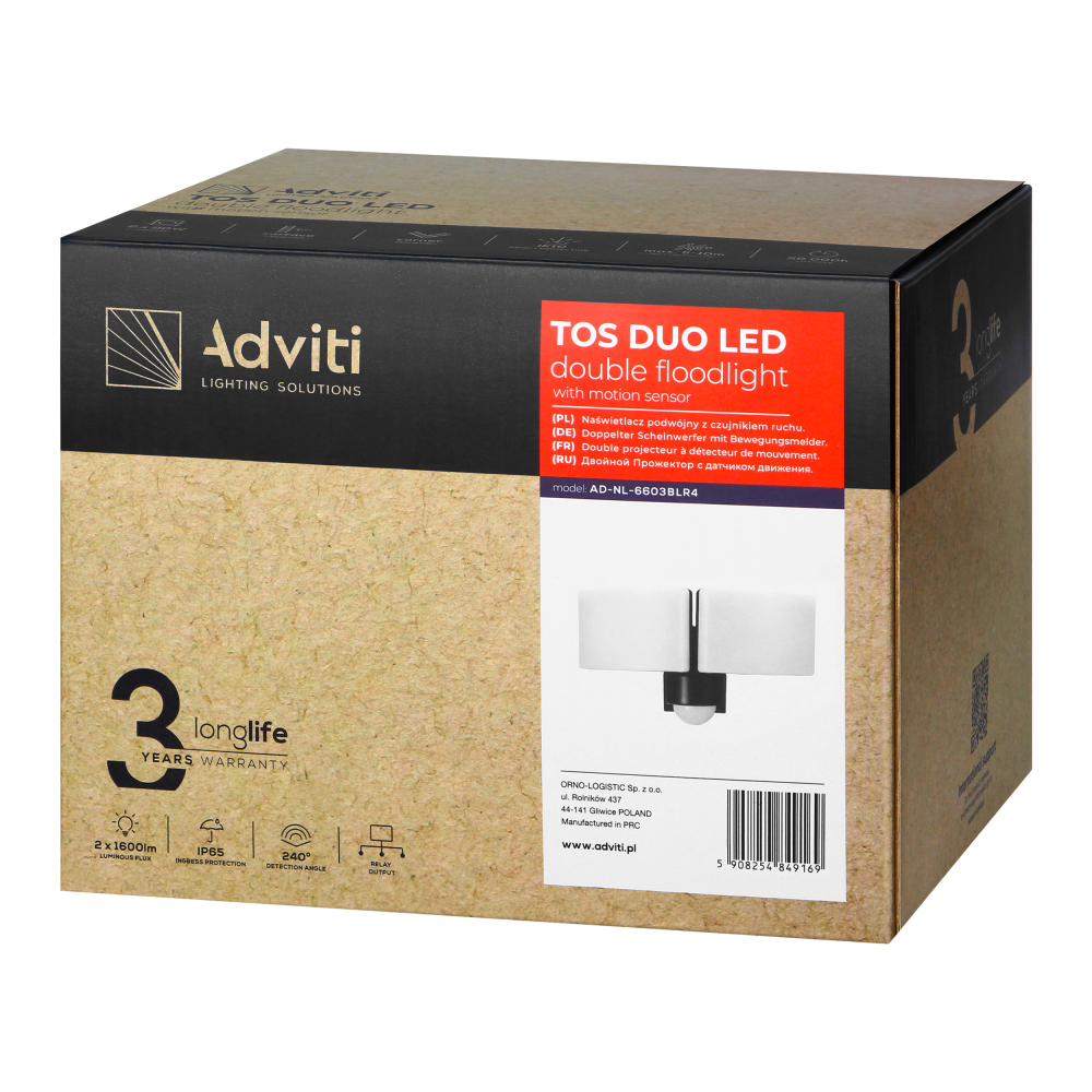 TOS DUO LED 2x20W podwójny naświetlacz ogrodowy z PIR, 2x1600lm, IP65, 4000K, PC, czarny