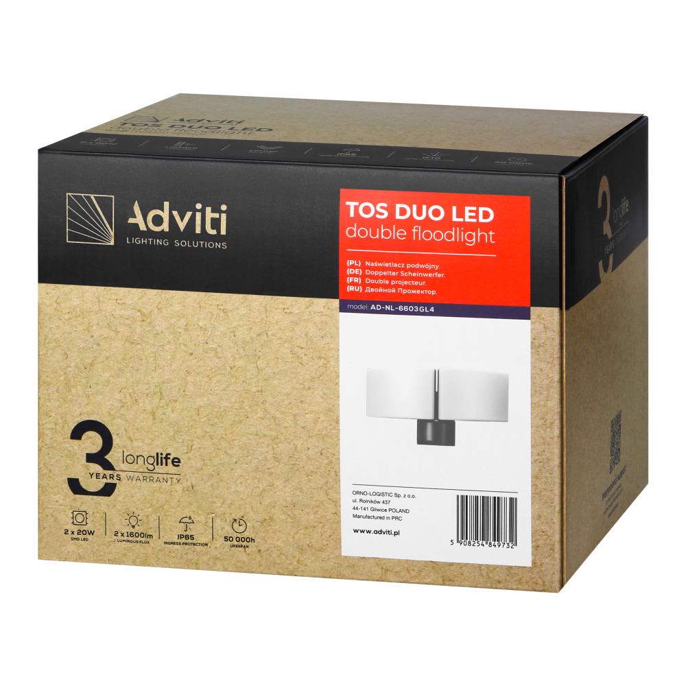 TOS DUO LED 2x20W podwójny naświetlacz ogrodowy, 2x1600lm, IP65, 4000K, PC, szary