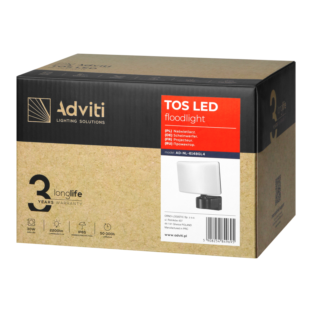 TOS LED 30W garden floodlight, 2200lm, IP65, 4000K, PC, grey