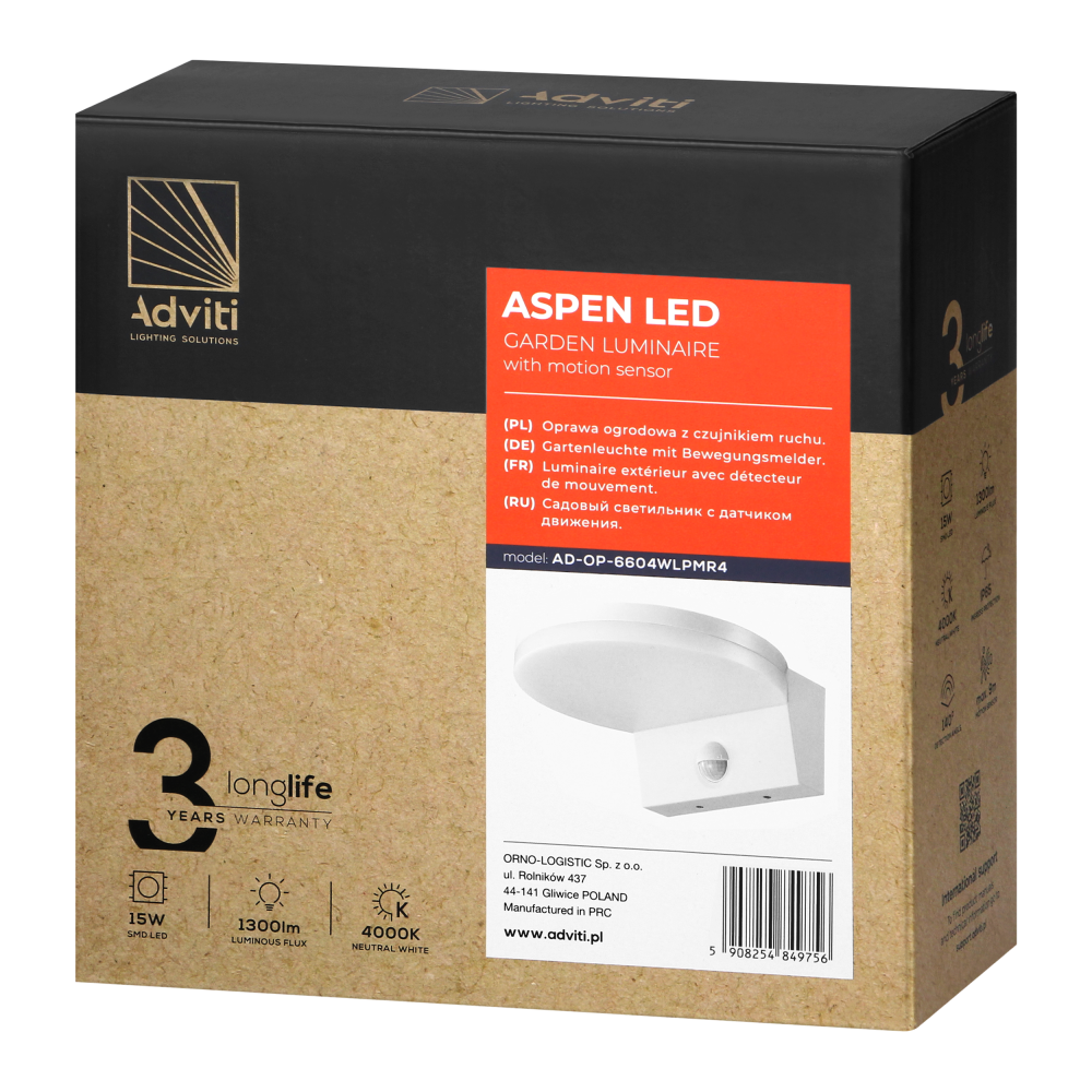 ASPEN LED 15W, garden luminaire with PIR motion sensor, 1300lm, IP65, 4000K, white