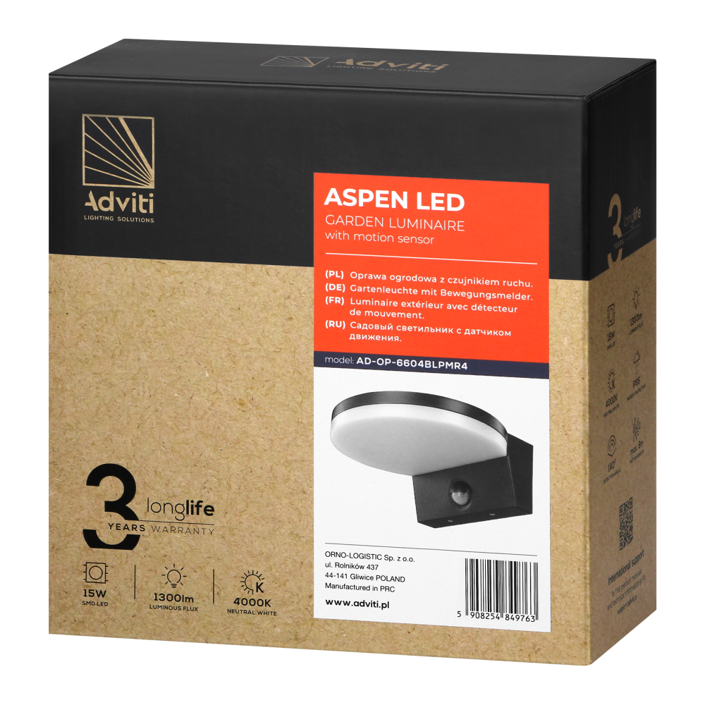ASPEN LED 15W, oprawa ogrodowa z czujnikiem ruchu PIR, 1300lm, IP65, 4000K, czarna