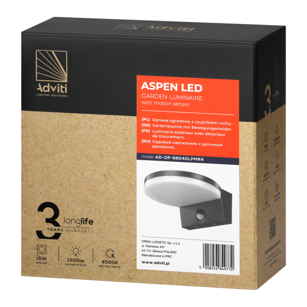 ASPEN LED 15W, oprawa ogrodowa z czujnikiem ruchu PIR, 1300lm, IP65, 4000K, szara