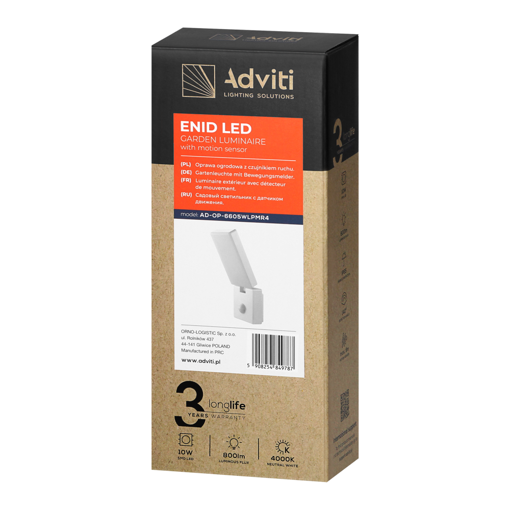 ENID LED 10W, garden luminaire with PIR motion sensor, 800lm, IP65, 4000K, white