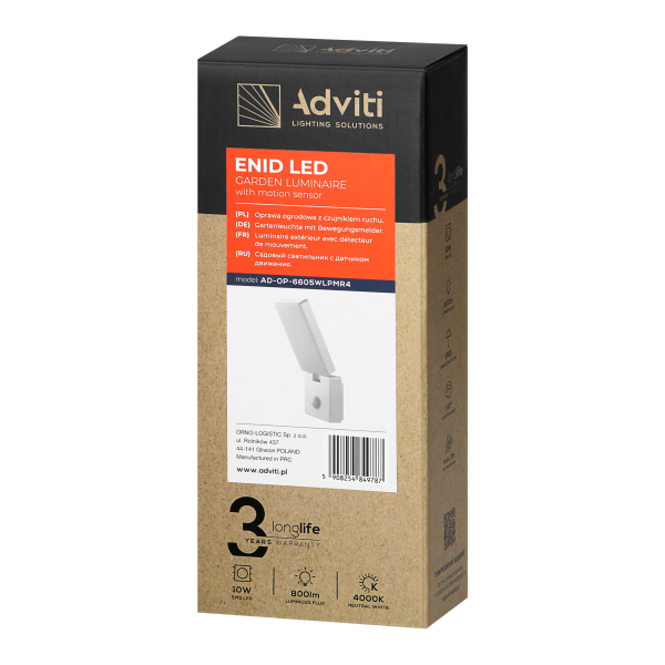 ENID LED 10W, oprawa ogrodowa z czujnikiem ruchu PIR, 800lm, IP65, 4000K, biała