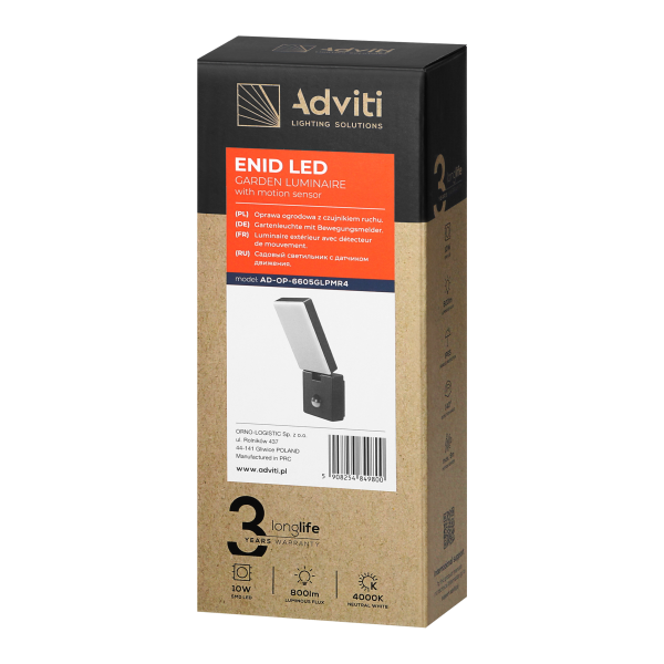 ENID LED 10W, garden luminaire with PIR motion sensor, 800lm, IP65, 4000K, grey