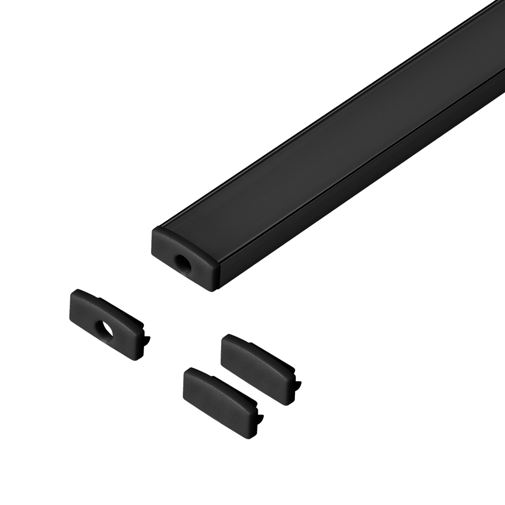 Set: aluminium profile for LED strips, 2000 x 16.1 x 6.05 mm, surface, black, black cover, 4 end caps