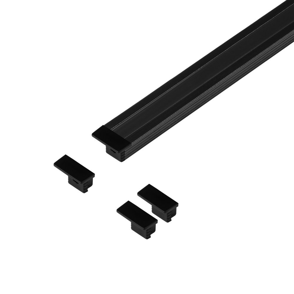 Set: aluminium profile for LED strips, 2000 x 12.8 x 9 mm, recessed, black, black cover, 4 end caps