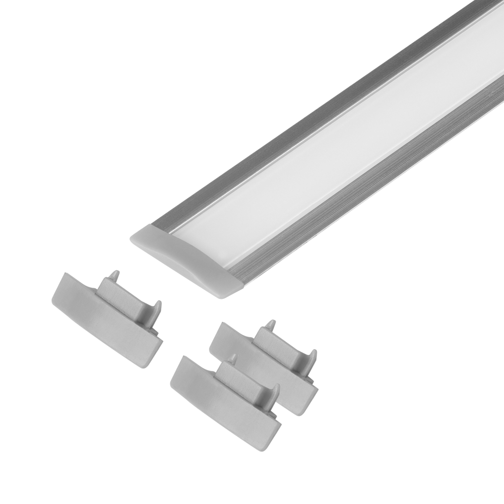 Set: aluminium profile for LED strips, 2000 x 24.5 x 6.05 mm, recessed, silver, frosted cover, 4 end caps