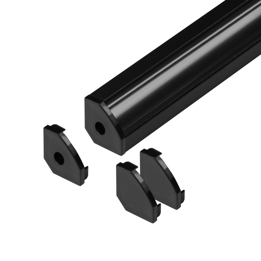 Set: aluminium profile for LED strips,  2000 x 18 x 18 mm, angled, black, black cover, 4 end caps