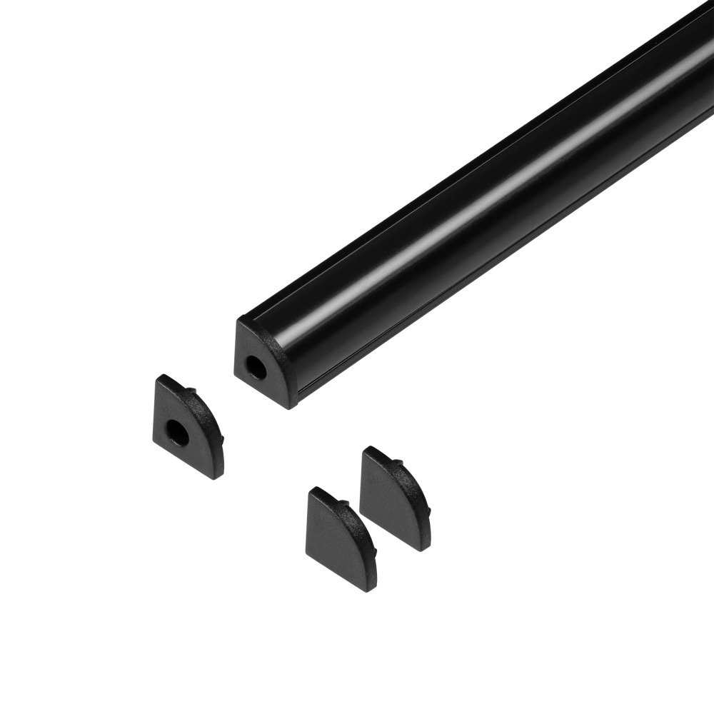 Set: aluminium profile for LED strips,  2000 x 10 x 10 mm, angled, black, black cover, 4 end caps