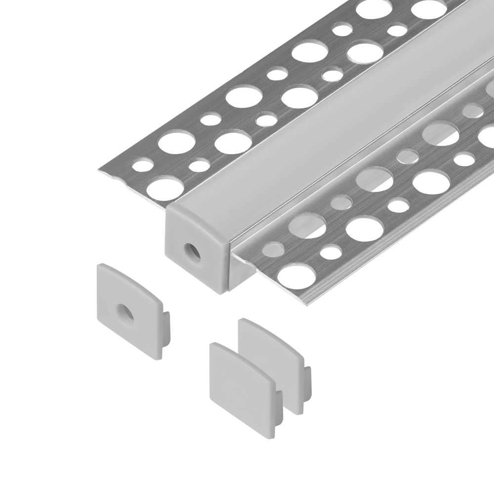 Set: aluminium profile for LED strips, 2000 x 55 x 13 mm, recessed, silver, milky cover, 4 end caps