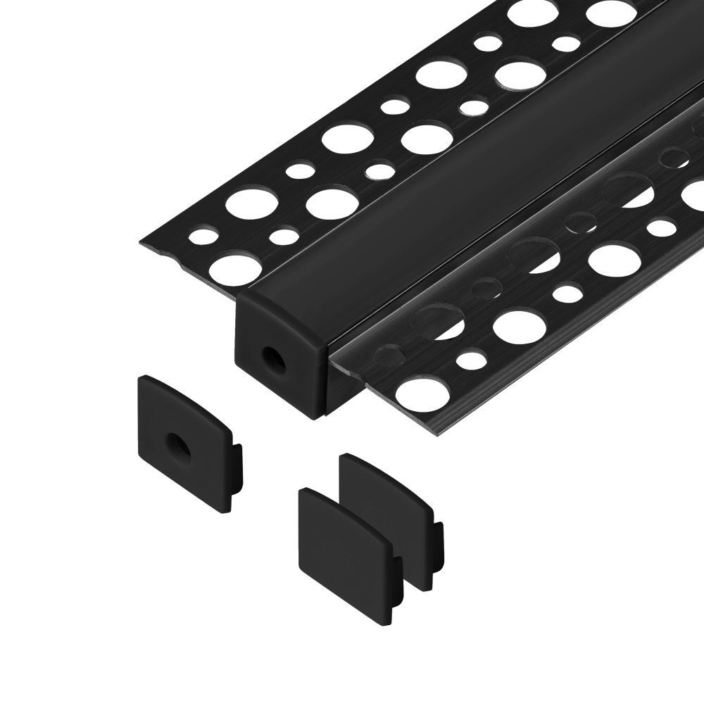 Set: aluminium profile for LED strips, 2000 x 55 x 13 mm, recessed, black, black cover, 4 end caps