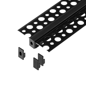 Zestaw: profil aluminiowy do taśm LED, 2000 x 47,7 x 11,9 mm, podtynkowy, czarny, klosz czarny, 4 zaślepki