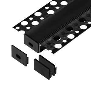 Set: aluminium profile for LED strips, 2000 x 55.8 x 12.5 mm, recessed, black, black cover, 4 end caps