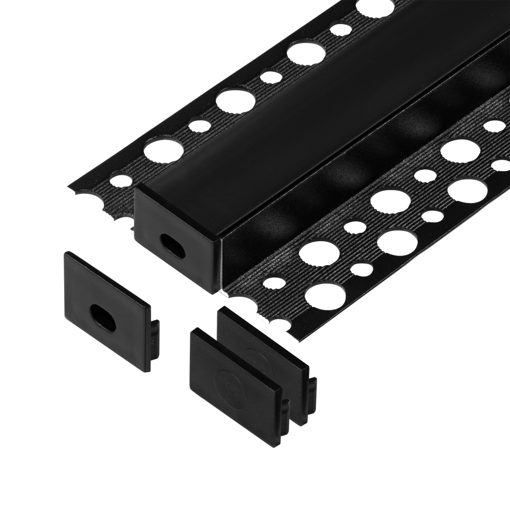 Set: aluminium profile for LED strips, 2000 x 55.8 x 12.5 mm, surface, black, black cover, 4 end caps