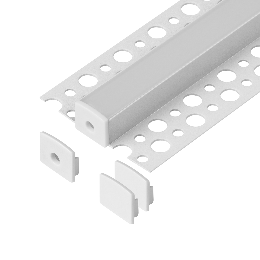 Set: aluminium profile for LED strips, 2000 x 55 x 13 mm, surface, white, frosted cover, 4 end caps